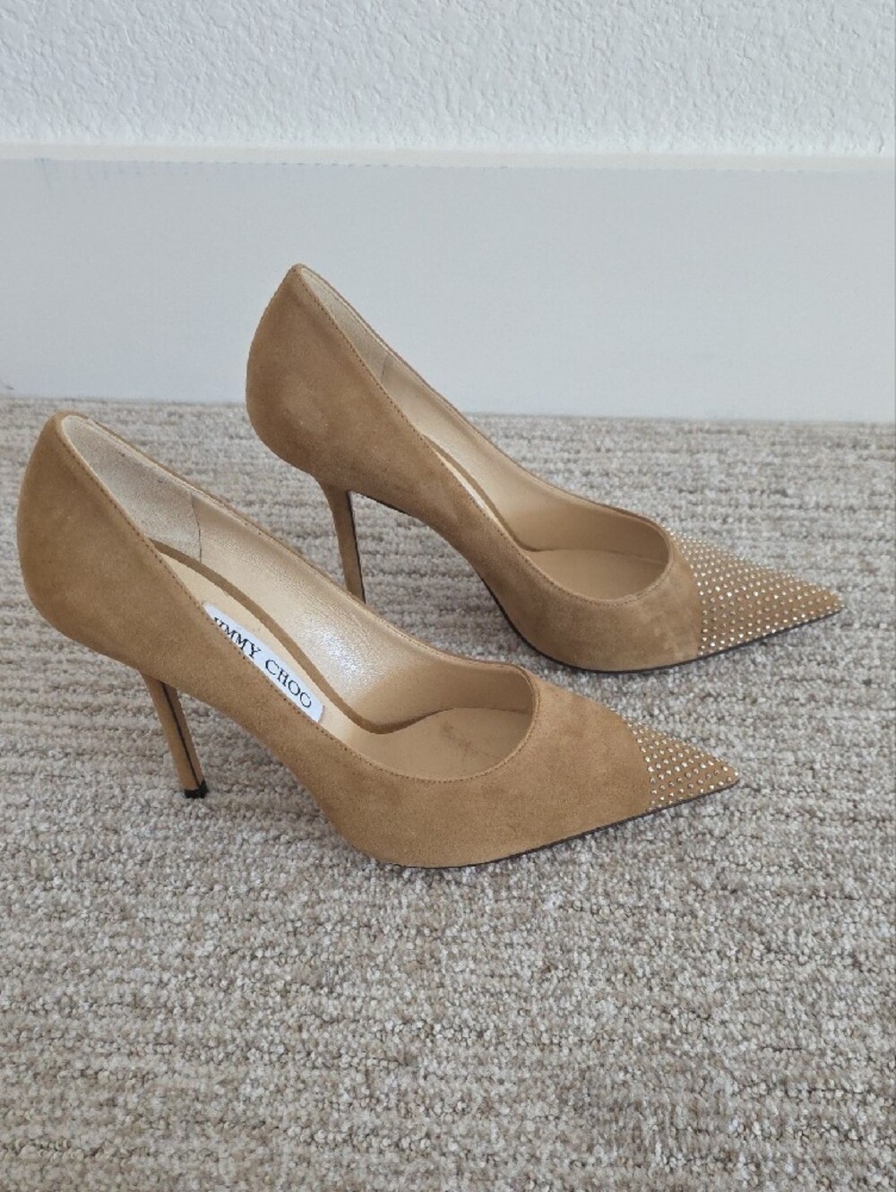 Jimmy Choo Tan Suede Pointed Pumps with Crystal Stud Detailing - Picture 2 of 8